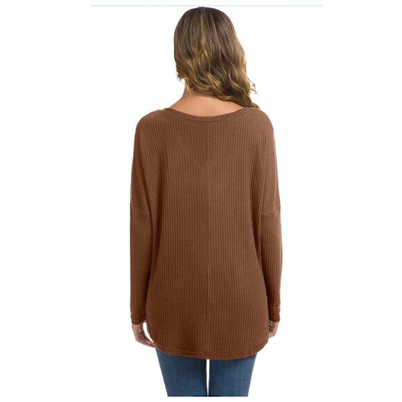 Women's Waffle Knit Tunic Blouse Tie Knot Henley Top Loose Fitting Shirt SM - Picture 3 of 4